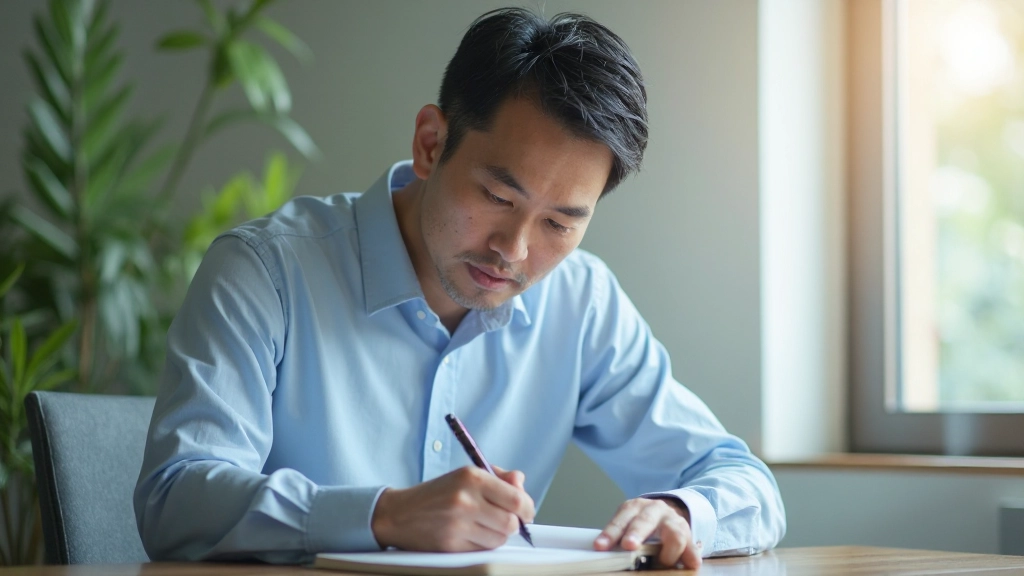 朝のプランニングを行う男性、デスクに向かい、ノートにタスクを記入している