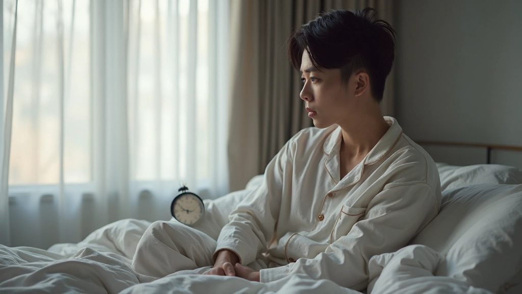 朝の目覚めで課題に直面する人物、ベッドに座り、疲れた表情で時計を見ている