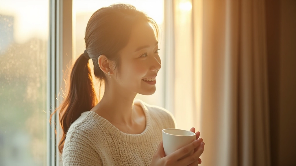 朝日が差す窓辺で、コーヒーとノートブックを持つ人物、平静な表情